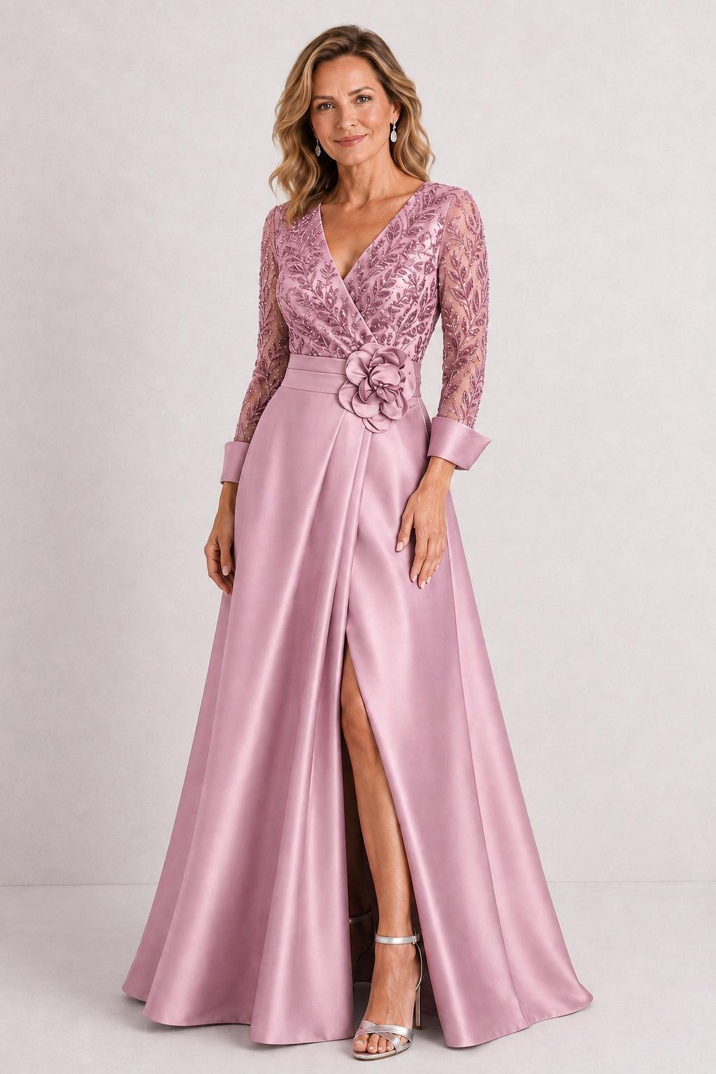 A-Line Floor Length Satin Lace Mother of the Bride Dress CM0472 - Dusty Rose - COCOMELODY